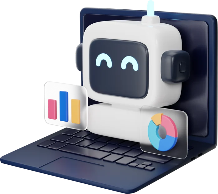 Ilustração de um robô sobre um notebook exibindo gráficos