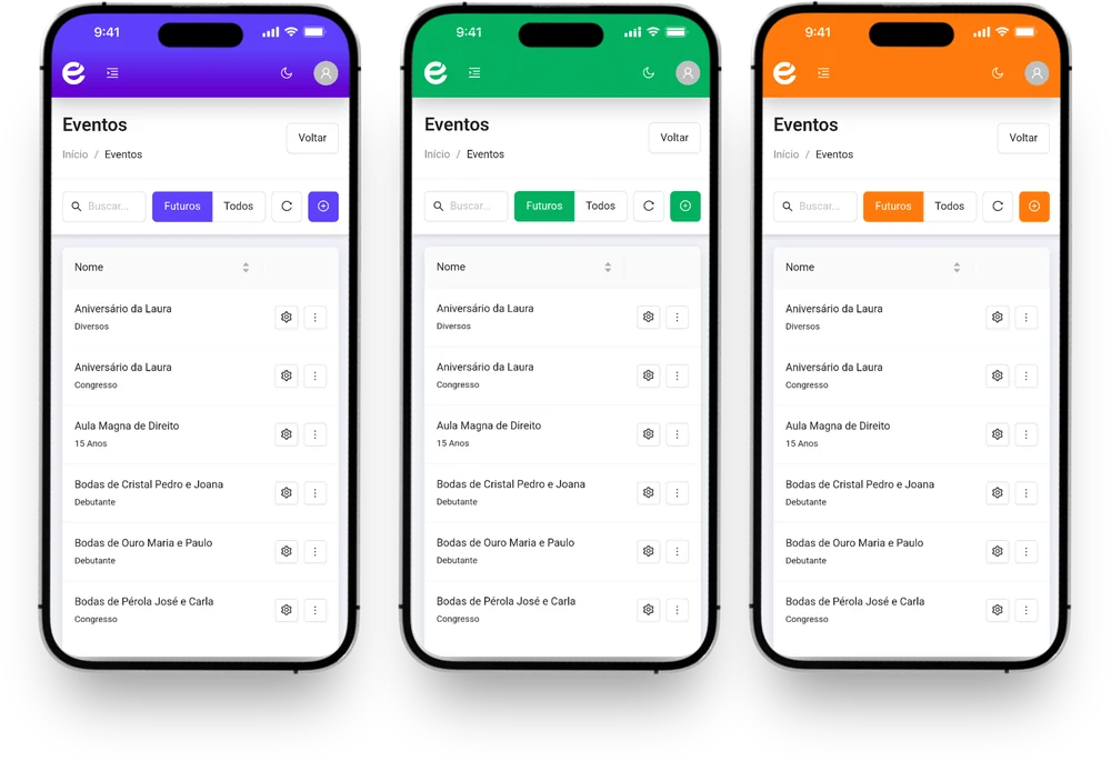 O mesmo aplicativo do Eventool exibido em três identidades visuais diferentes: roxo, verde e laranja